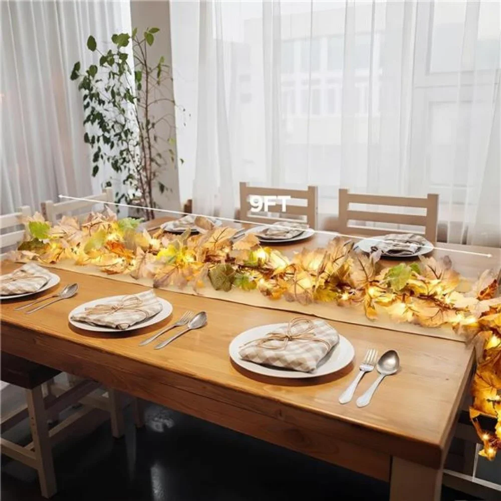 9Ft Fall Garland with Lights Plug in Fall Decorations for Home 50 White Bulbs